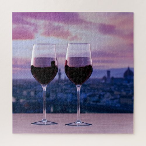 Two glasses of red wine on Florence skyline Jigsaw Puzzle