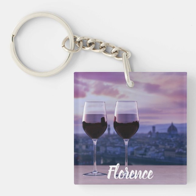 Two glasses of red wine on Florence skyline Keychain (Front)