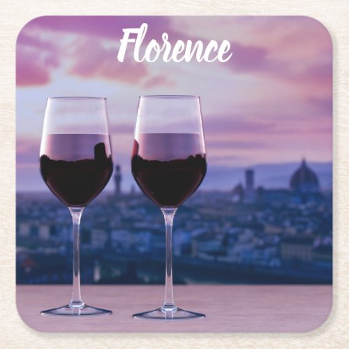 Two glasses of red wine on Florence skyline Square Paper Coaster