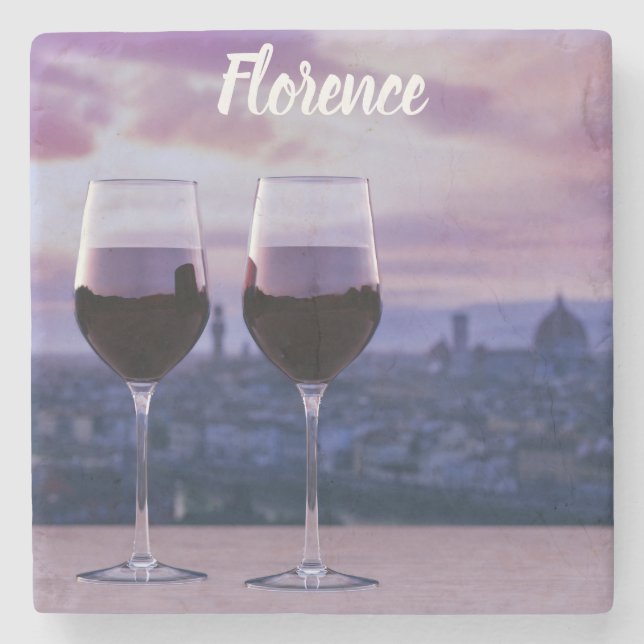 Two glasses of red wine on Florence skyline Stone Coaster (Front)