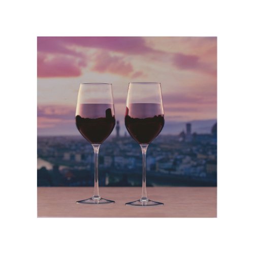 Two glasses of red wine on Florence skyline Wood Wall Art