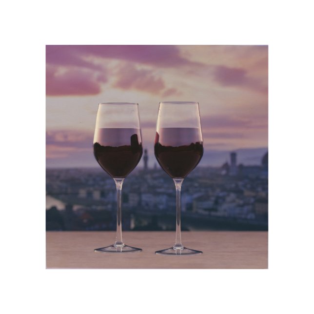 Two glasses of red wine on Florence skyline Wood Wall Art (Front)