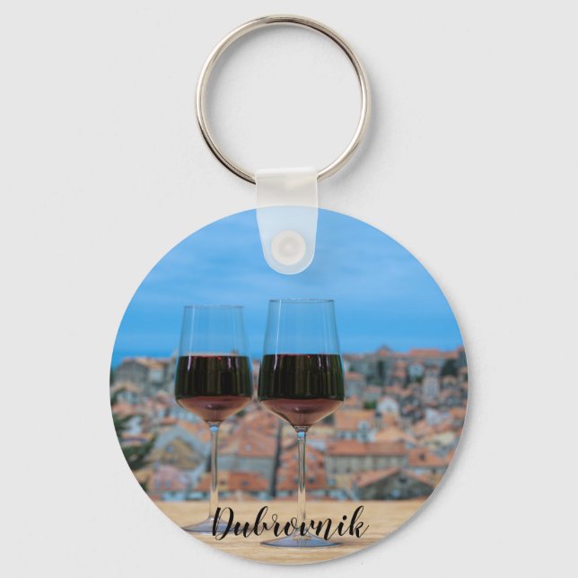 Two glasses of red wine with view of Dubrovnik Coa Keychain (Front)