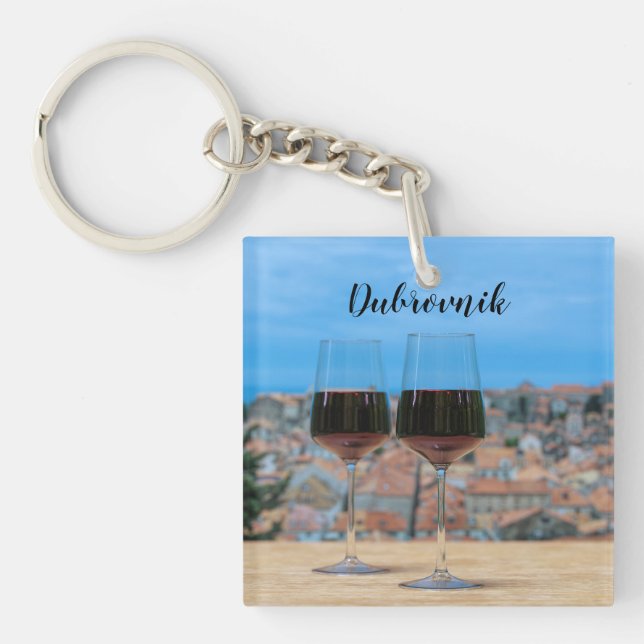 Two glasses of red wine with view of Dubrovnik Keychain (Front)