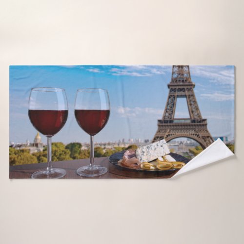 Two glasses of wine in cafe in Paris Bath Towel