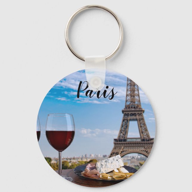 Two glasses of wine in cafe in Paris Keychain (Front)
