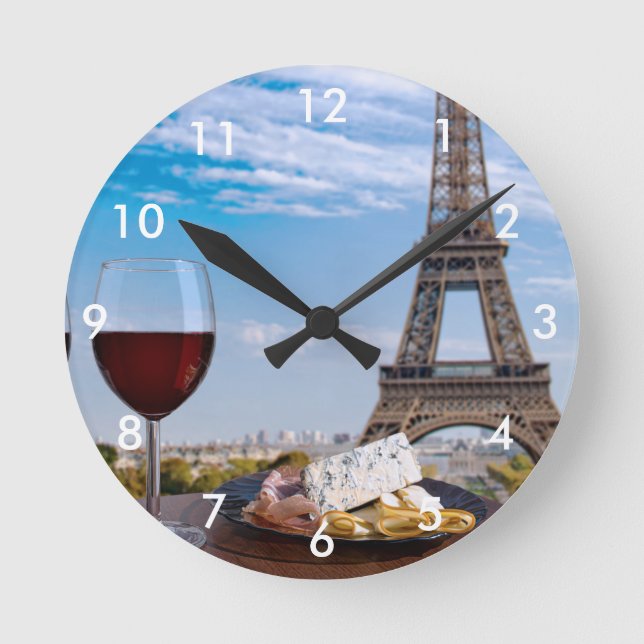 Two glasses of wine in cafe in Paris Round Clock (Front)