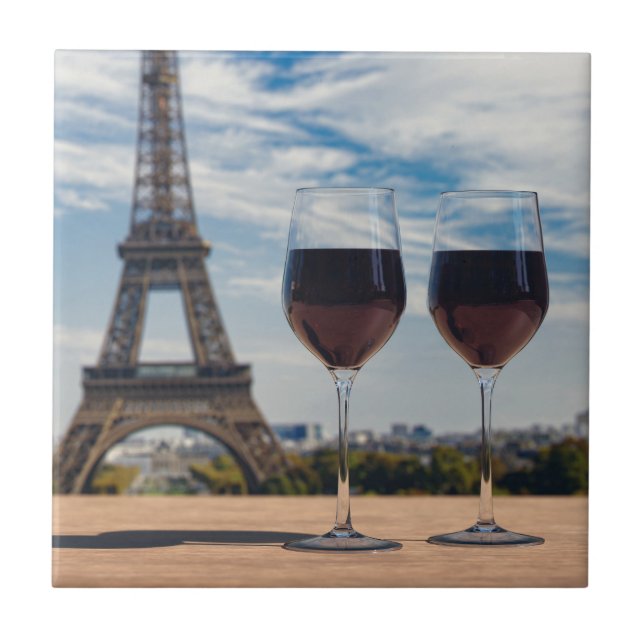Two glasses of wine with Eiffel tower Ceramic Tile (Front)