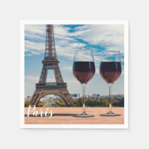 Two glasses of wine with Eiffel tower Napkins