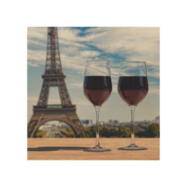 Two glasses of wine with Eiffel tower Wood Wall Art (Front)