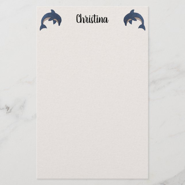 Two Glittery Jumping Blue Dolphins Textured White Stationery (Front)