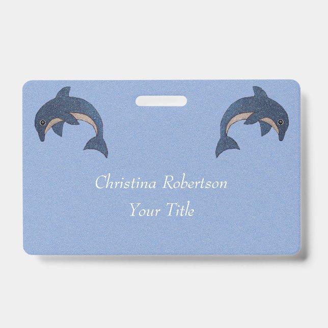 Two Glittery Jumping Dolphins Dark Blue White Badge (Front)