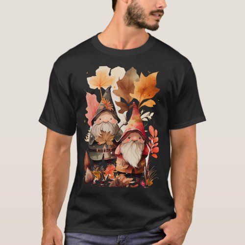 Two Gnome Dwarf Fall Thankful Autumn Leaves Cottag T_Shirt