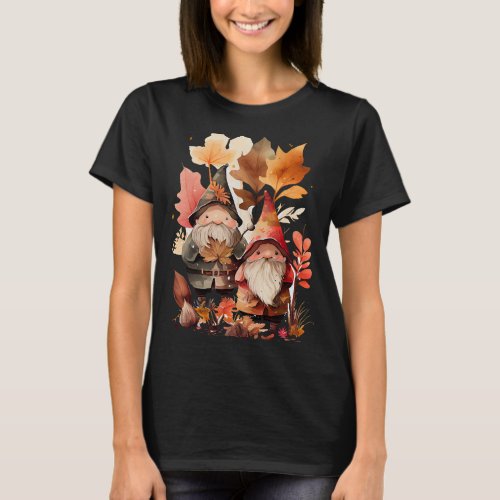 Two Gnome Dwarf Fall Thankful Autumn Leaves Cottag T_Shirt