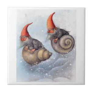 TWO GNOMES SNOWBOARDING ON SNAIL SHELLS CERAMIC TILE