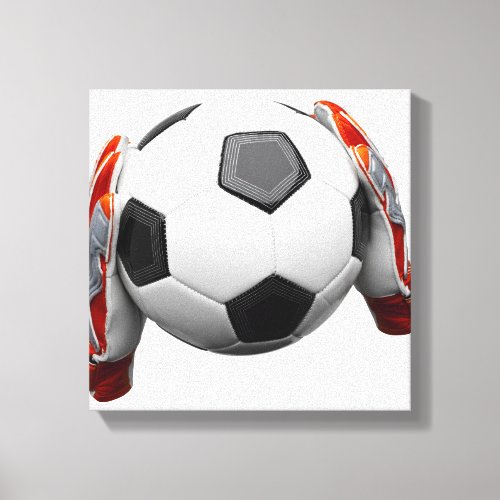 Two goal keepers gloves holding a football canvas print