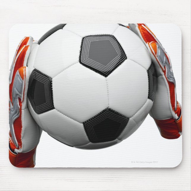 Two goal keepers gloves holding a football mouse pad (Front)
