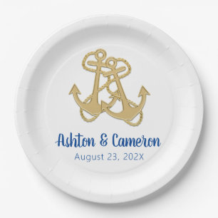 Two Gold Anchors Nautical Wedding Paper Plate