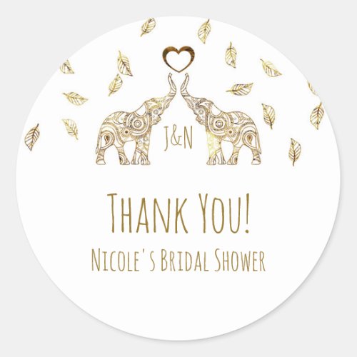 Two Gold Elephants  Fall Leaves Wedding Favor Classic Round Sticker