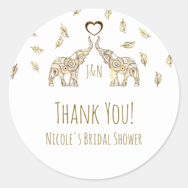 Two Gold Elephants & Fall Leaves Wedding Favor Classic Round Sticker (Front)