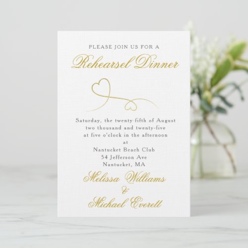 Two Gold Hearts  Elegant Minimal Rehearsel Dinner Invitation