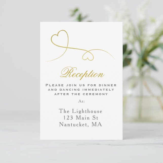 Two Gold Hearts | Minimal Wedding Reception Insert Invitation (Standing Front)