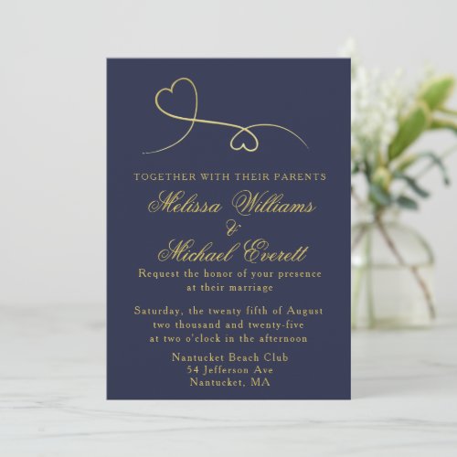Two Gold Hearts  Navy Blue Wedding Invitation