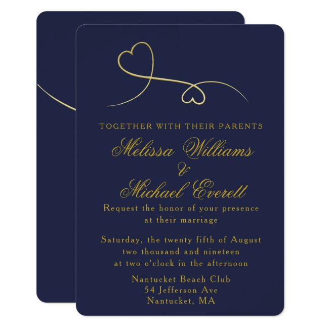 Two Gold Hearts | Navy Blue Wedding Invitation