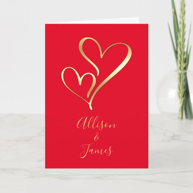 Two Gold Hearts on Red Personalized Names Holiday Card (Front)