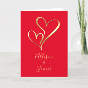 Two Gold Hearts on Red Personalized Names Holiday Card