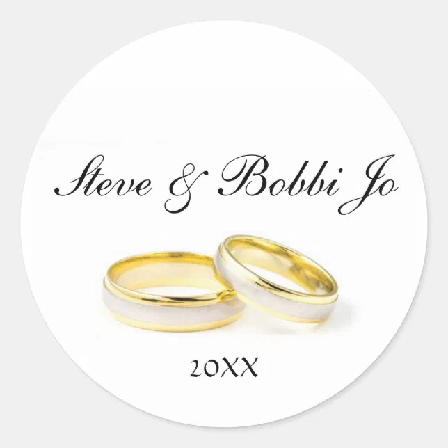 Two Gold Rings Personal Round Wedding Sticker | Zazzle