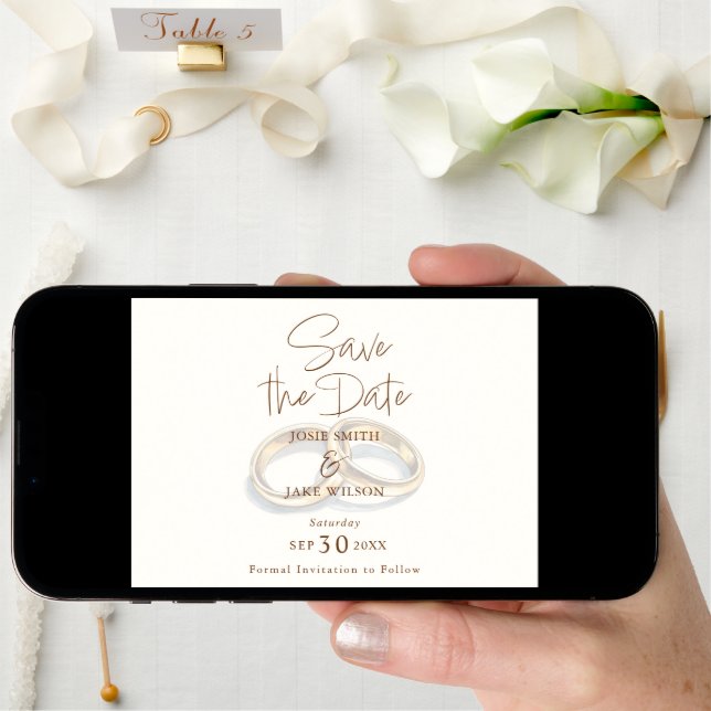 Two gold wedding rings muted save the date (Front Digital)