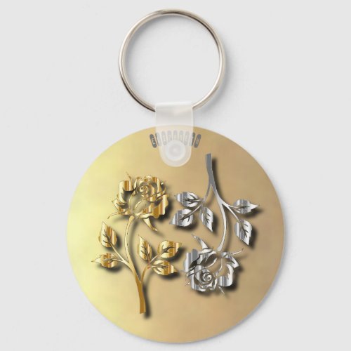 Two Golden And Silver Roses With Shadows Keychain