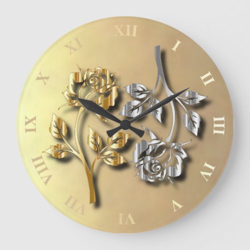 Two Golden And Silver Roses With Shadows Large Clock