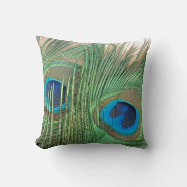 Two Golden Peacock Feathers Still Life Throw Pillow (Front)