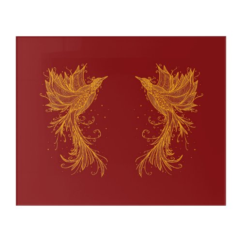 Two Golden Phoenix Birds on Red Acrylic Print