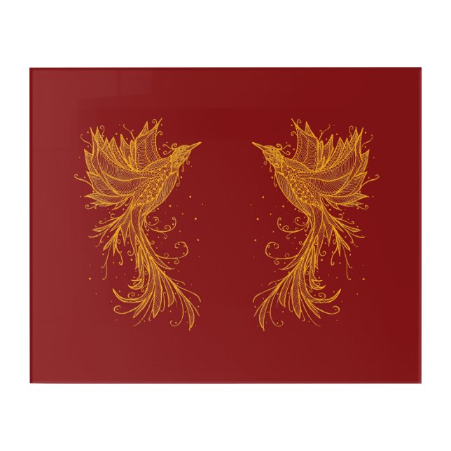 Two Golden Phoenix Birds on Red Acrylic Print (Front)