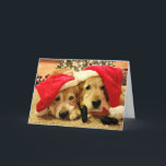 Two Golden Retriever Dogs in Santa Hats Christmas Holiday Card<br><div class="desc">This customizable Christmas card features a photograph of two cute golden retriever dogs who appear to be waiting anxiously for Santa to arrive. Each is wearing a red and white Santa hat!</div>