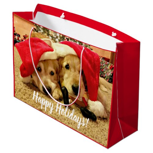Two Golden Retriever Dogs in Santa Hats Christmas Large Gift Bag