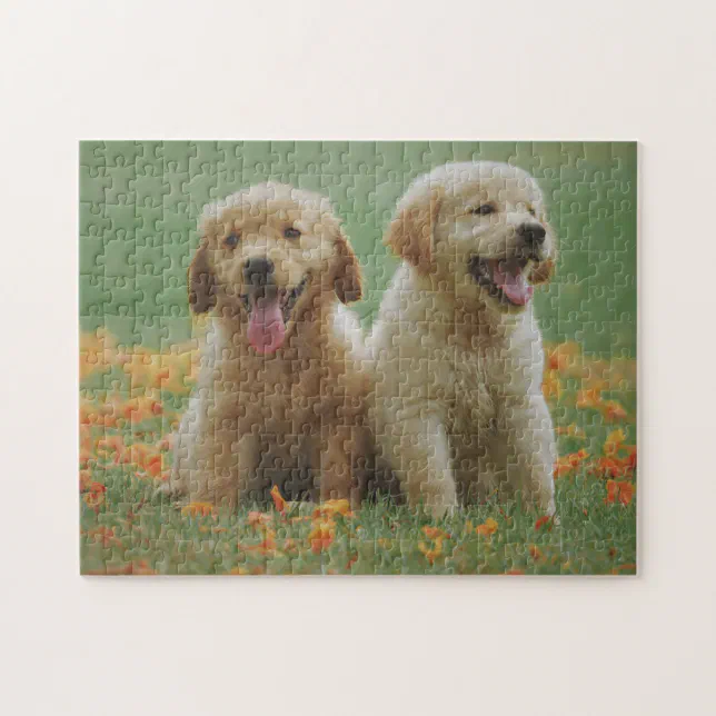 Two Golden Retriever Puppies in Flowers Jigsaw Puzzle | Zazzle