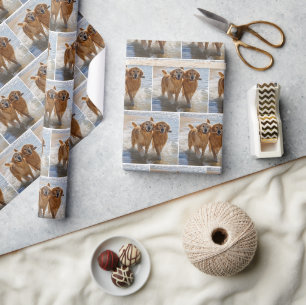 Two Golden Retrievers Carrying a Stick Wrapping Paper