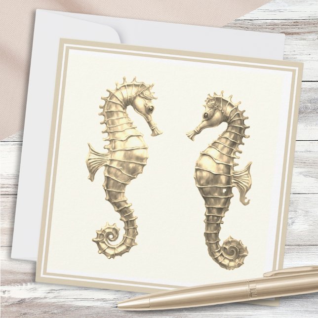 Two Golden Seahorses Elegant Sea Ocean Wildlife Card (A note card with two golden seahorses on an elegant cream background)