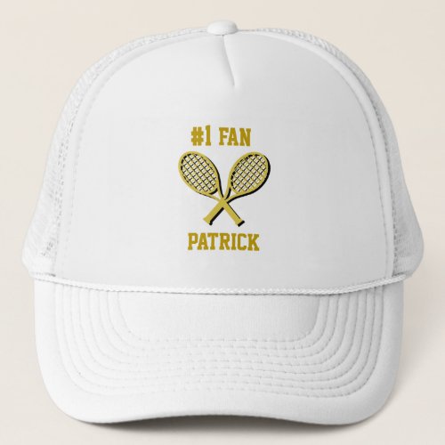 Two Golden Tennis Rackets 1 Sports Fan with Name Trucker Hat