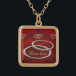 Two Golden Wedding Rings Gold Plated Necklace<br><div class="desc">Gorgeous multi-tonal red with a gentle feathery floral effect. A red sequin style band with golden red hearts,  two single hearts and one joined hearts to show when two hearts become one & two beautiful golden wedding ring bands</div>