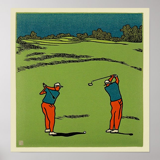Two Golfers Woodblock Print (Front)