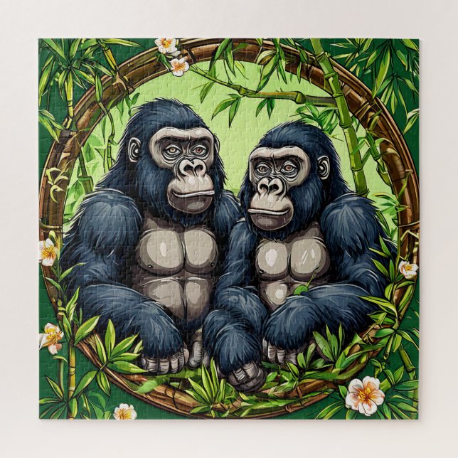 Two Gorillas in a Tropical Bamboo Frame Jigsaw Puzzle (Vertical)