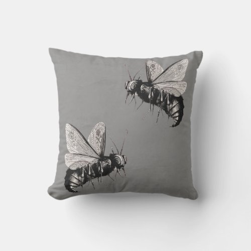 Two Gothic Black White Bee Illustrations Gray Outdoor Pillow