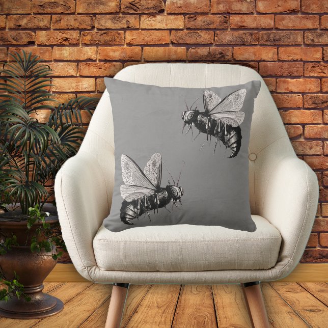 Two Gothic Black White Bee Illustrations Gray Outdoor Pillow (Two scary big bees black and white with skull wings on grey home decor pillow.)