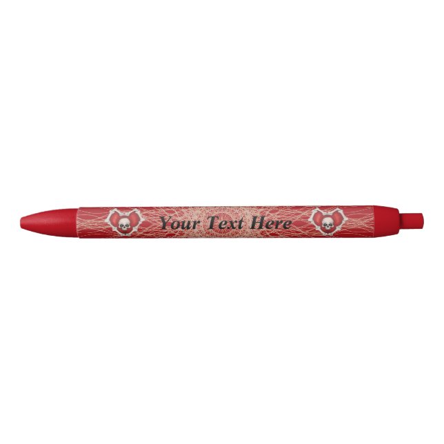Two Gothic Red Hearts With Bones Skull Spirals Pen (Front)