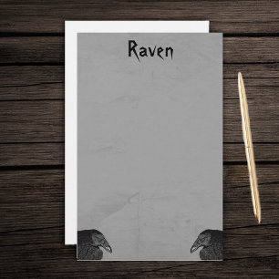 Two Gothic Type Black Raven Illustrations on Gray Stationery
